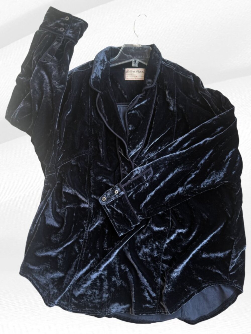 We The Free Free People Crushed Velvet Oversized Popover Shirt Top Navy Size L - Picture 9 of 17